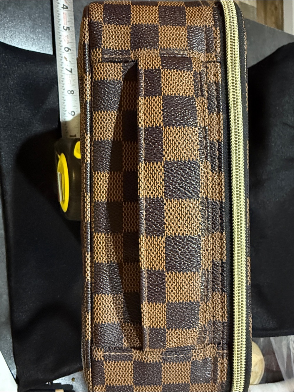 Brown Checkered Men's Toiletry Bag with Carry Handle - Picture 5 of 5